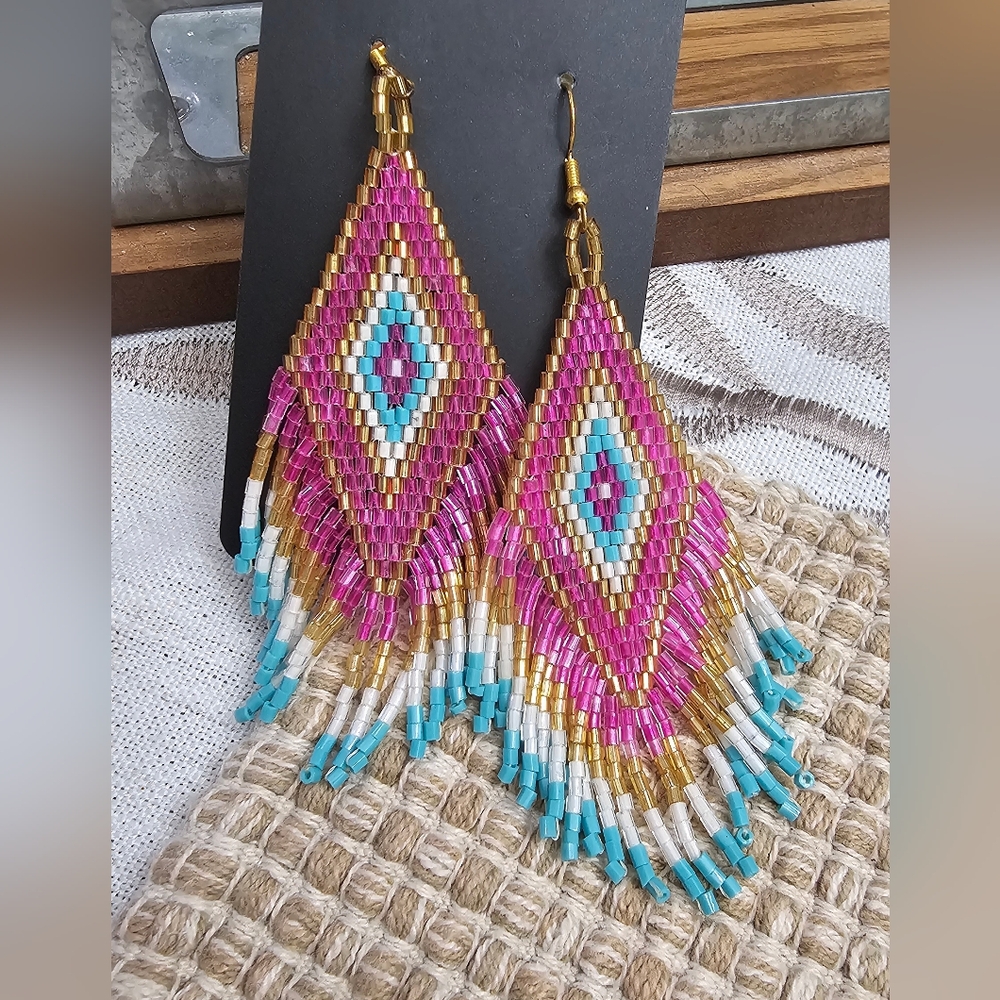 Colorful Boho Chic Beaded Native American Dangle Fringe Earrings 4 Inch NWOT - Picture 7 of 11